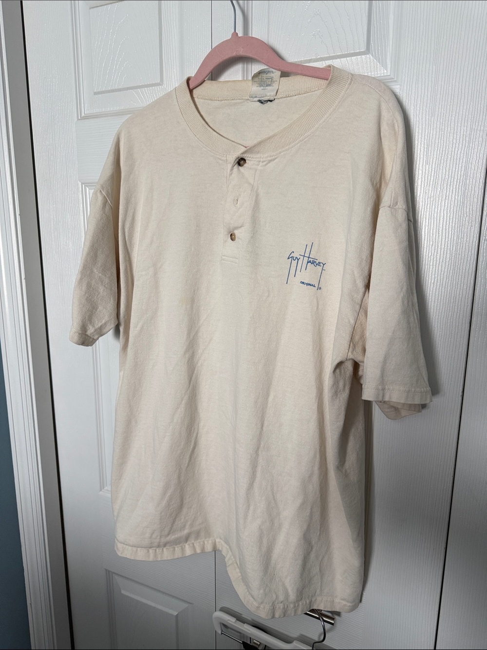 Guy Harvey Cream Short Sleeve Henley Polo with Chest Logo